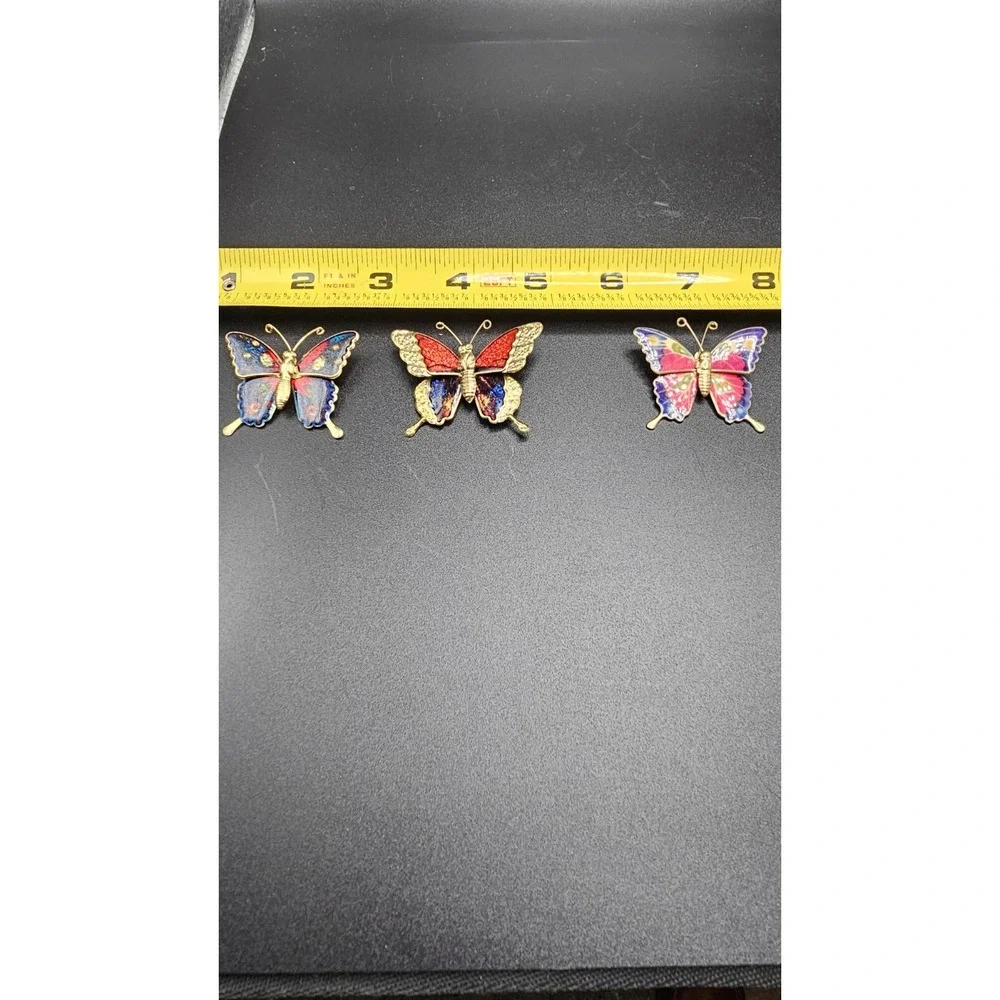 Vintage Lot Of 3 Butterflies Brooch Red/Blue/Green/Yellow Enamel Gold Tone